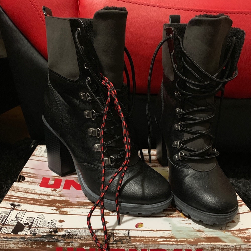 Black chunky heeled booties